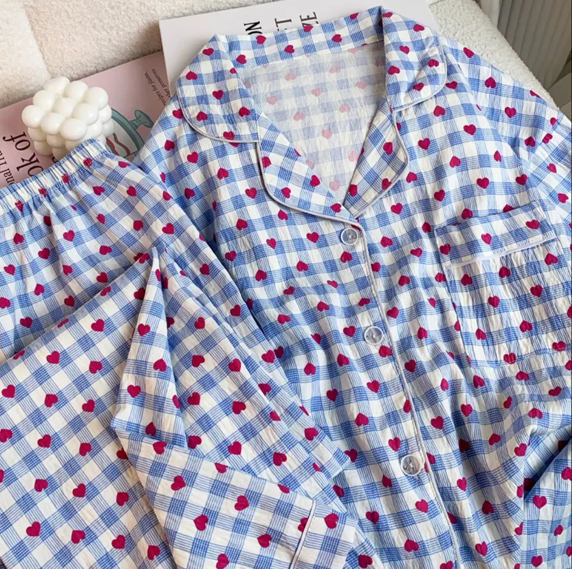Red heart on blue checked pajamas