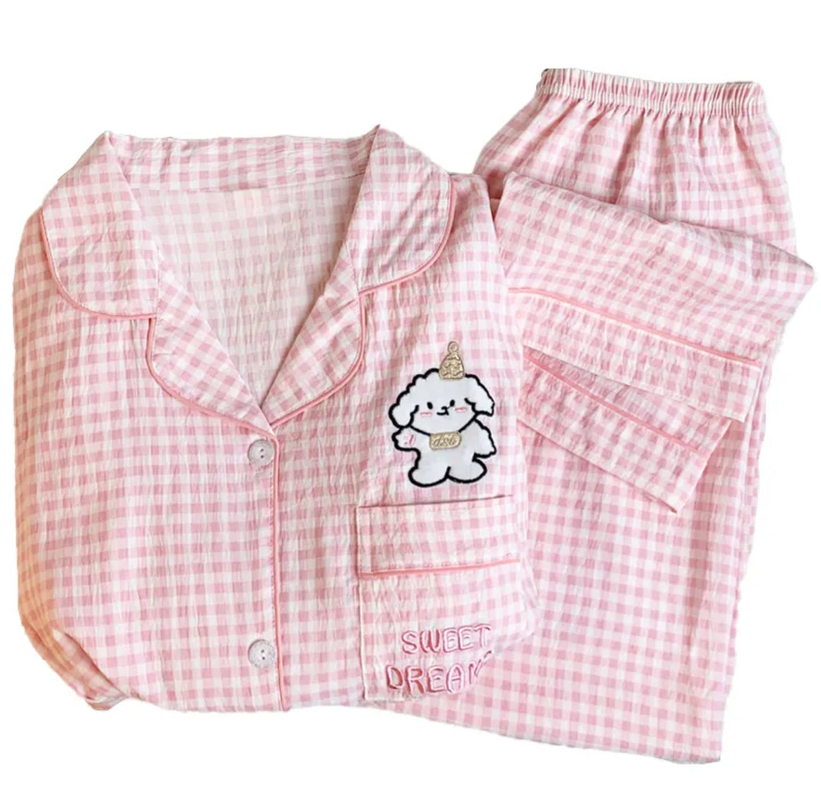 Pink plaid cartoon printed pajamas