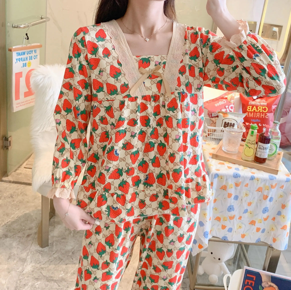 Strawberry Lace Printed Nightwear