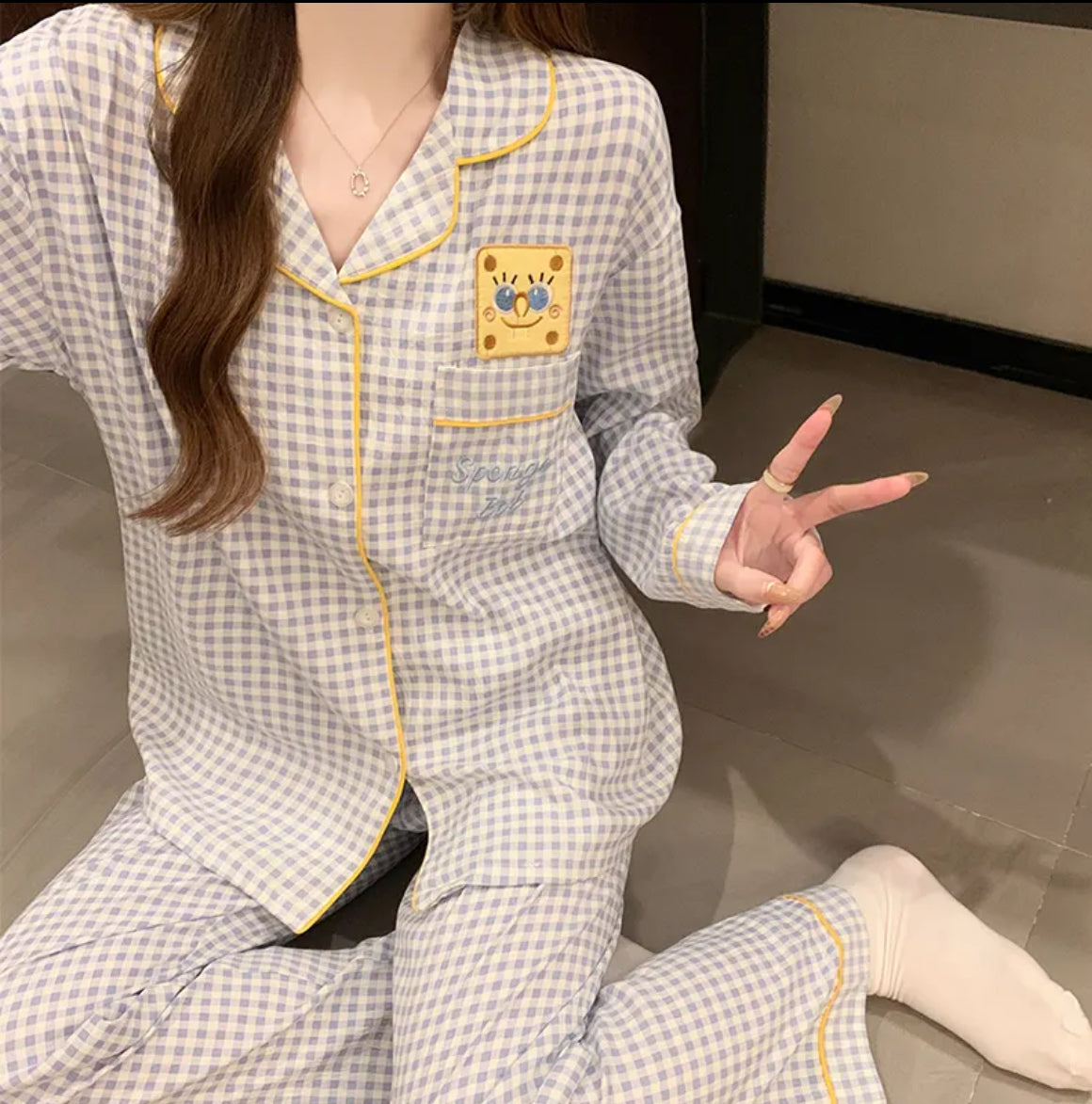 Sponge bob cartoon checked pajamas