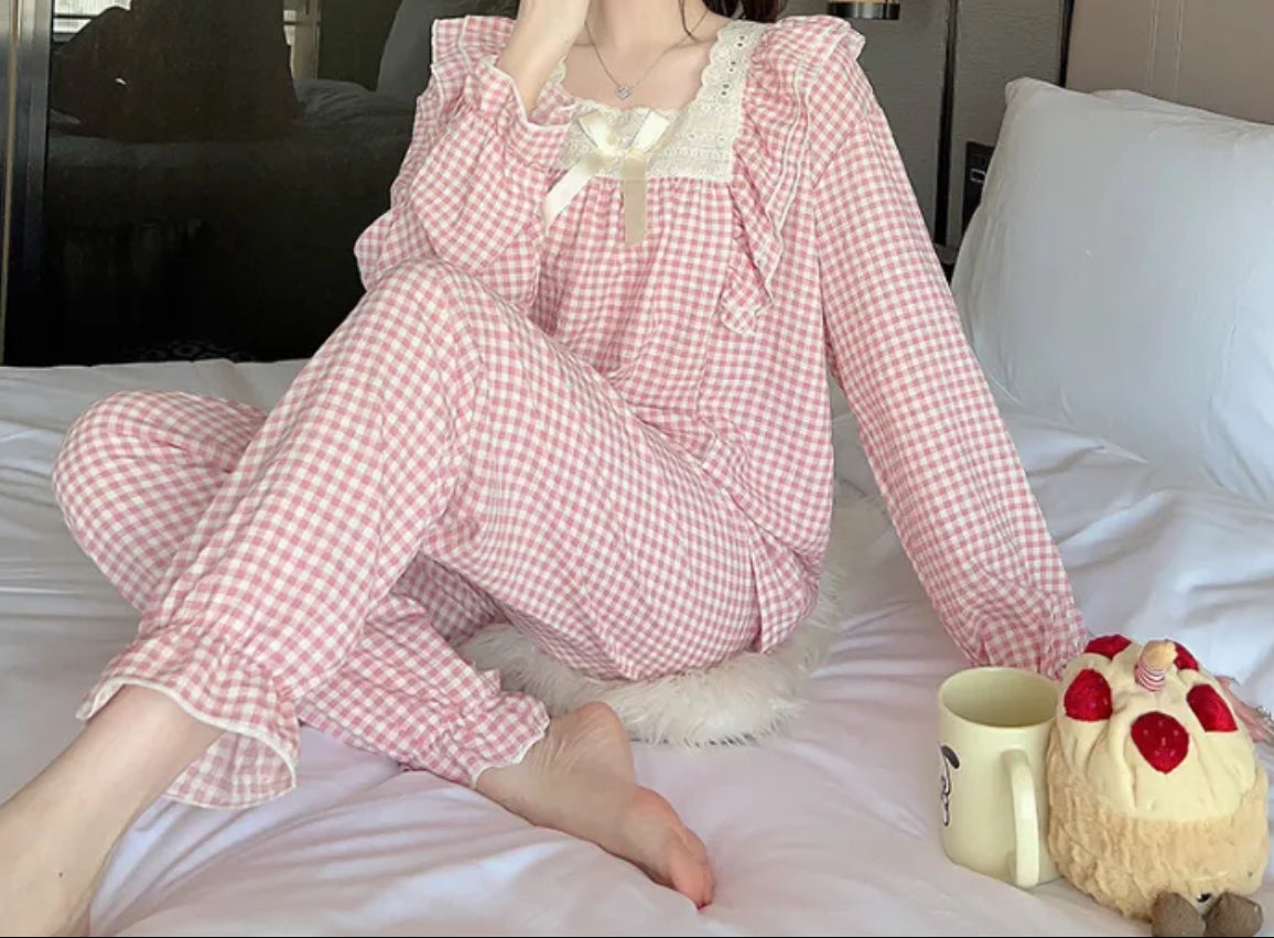 Pink plaid pajamas with work on neck