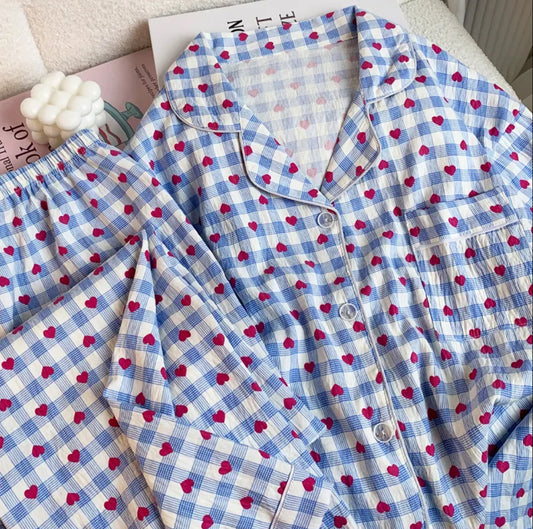 Red heart on blue checked pajamas